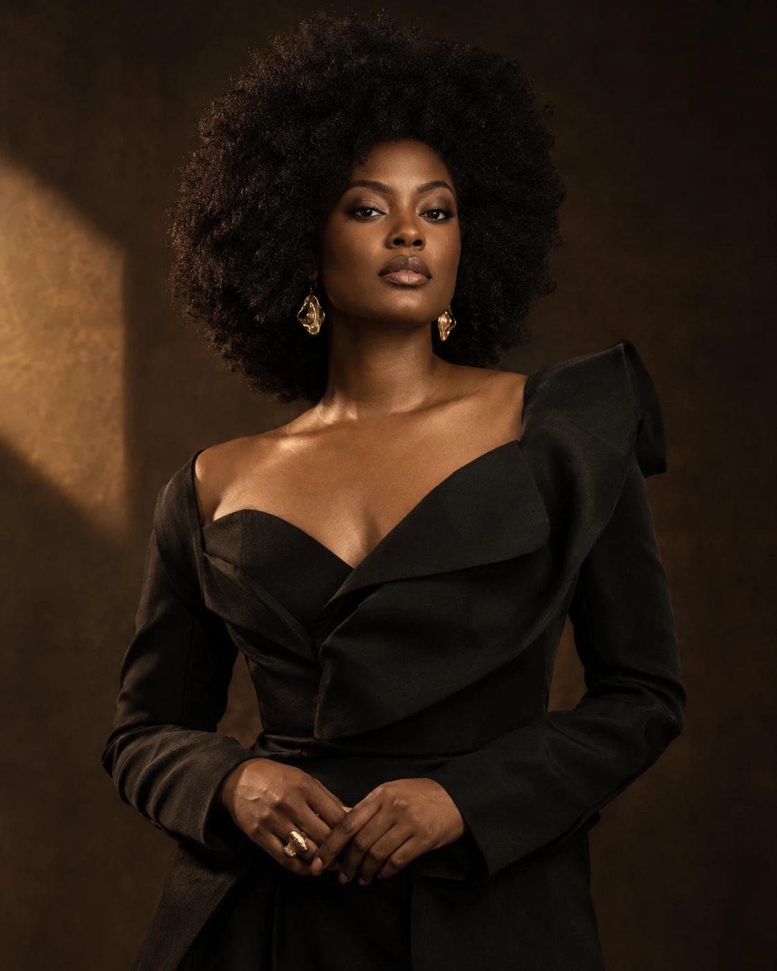 An adult Black woman with a sculptural natural afro in architectural black tailoring — original AI concept