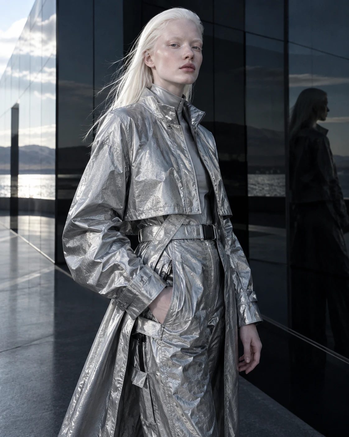 An adult woman with albinism wearing futuristic silver technical fashion — original AI concept