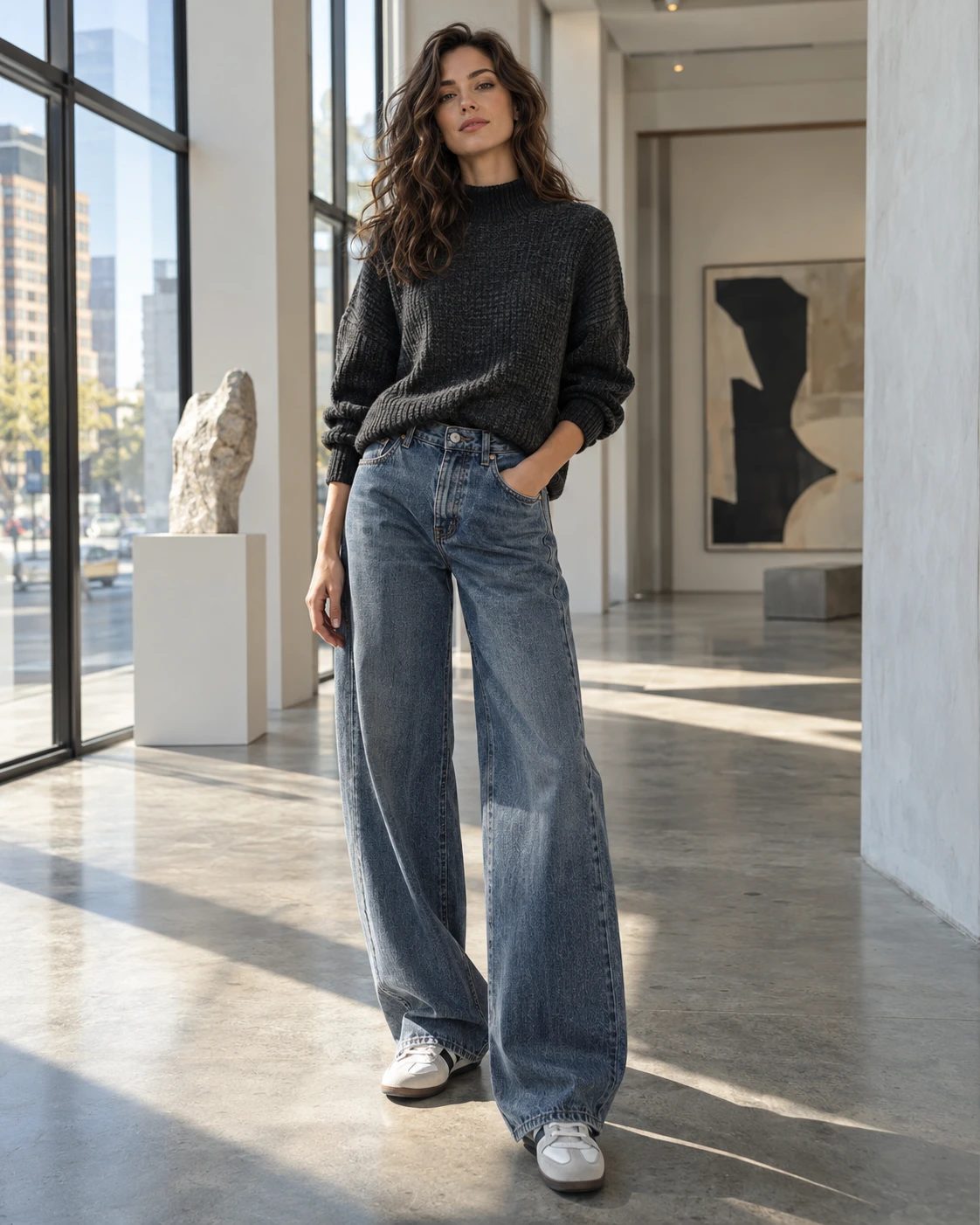 An adult woman in charcoal knit and sculptural denim — original AI concept
