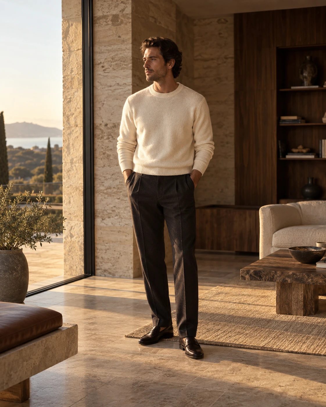 An adult man in understated cream cashmere and tailored trousers — original AI concept