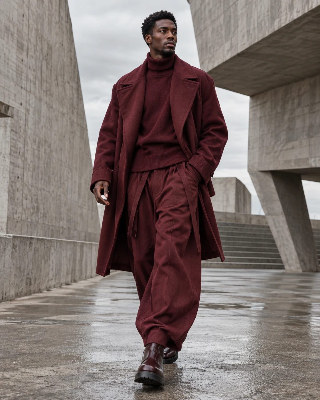An adult Black man in layered burgundy street fashion — original AI concept