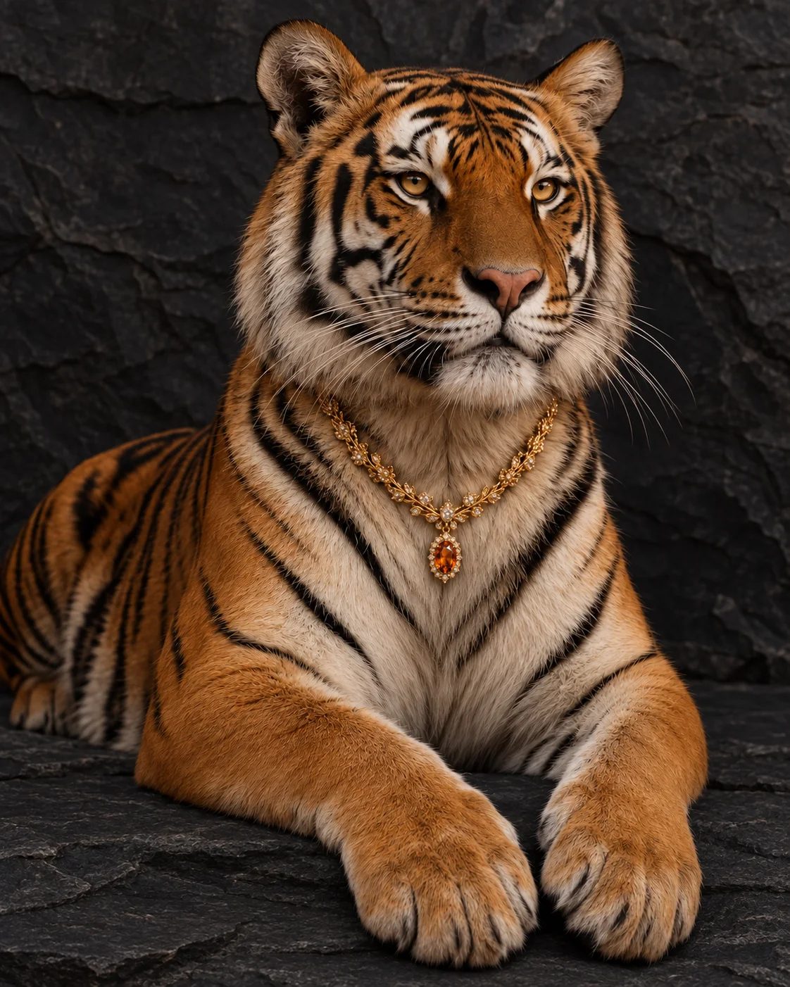 A calm tigress with an orange gemstone pendant in an intricate gold setting — original AI concept