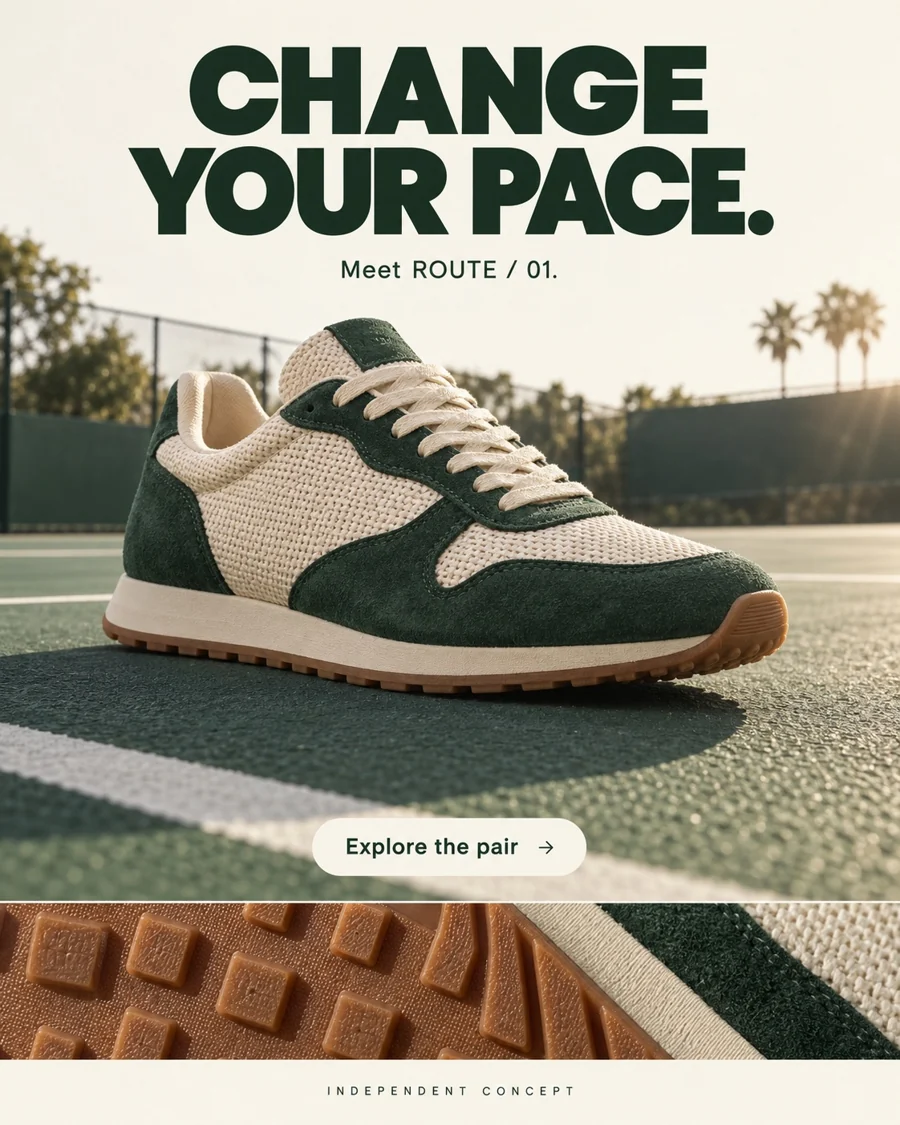Route 01: footwear / static ad, independent concept by RAIKORA