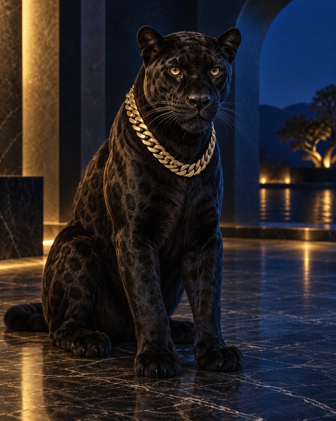 Full seated black panther with a gold chain in a cobalt-lit studio, original AI concept