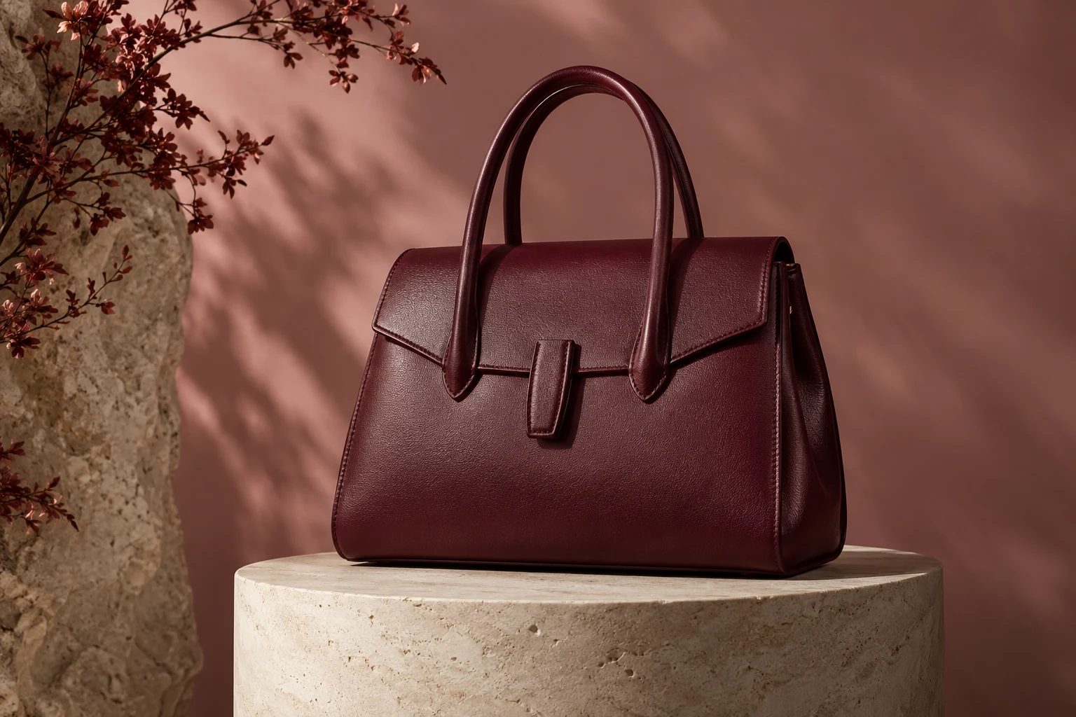 Burgundy handbag in a pink setting — original AI concept