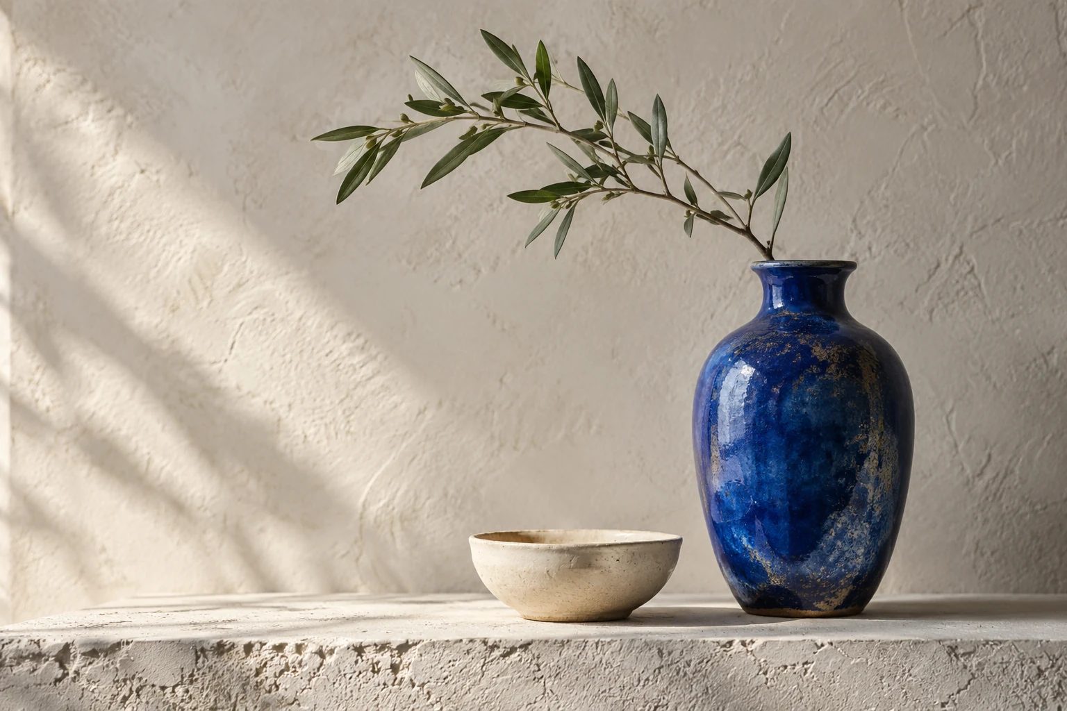 Cobalt vase and ceramics on a windowsill — original AI concept