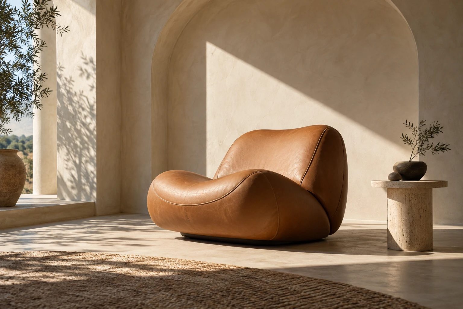 Caramel armchair in a sunlit interior — original AI concept