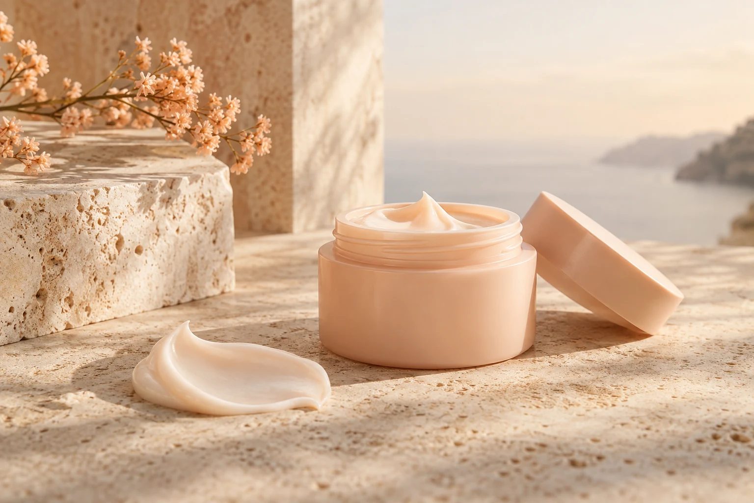 Peach cosmetic jar on travertine — original AI concept