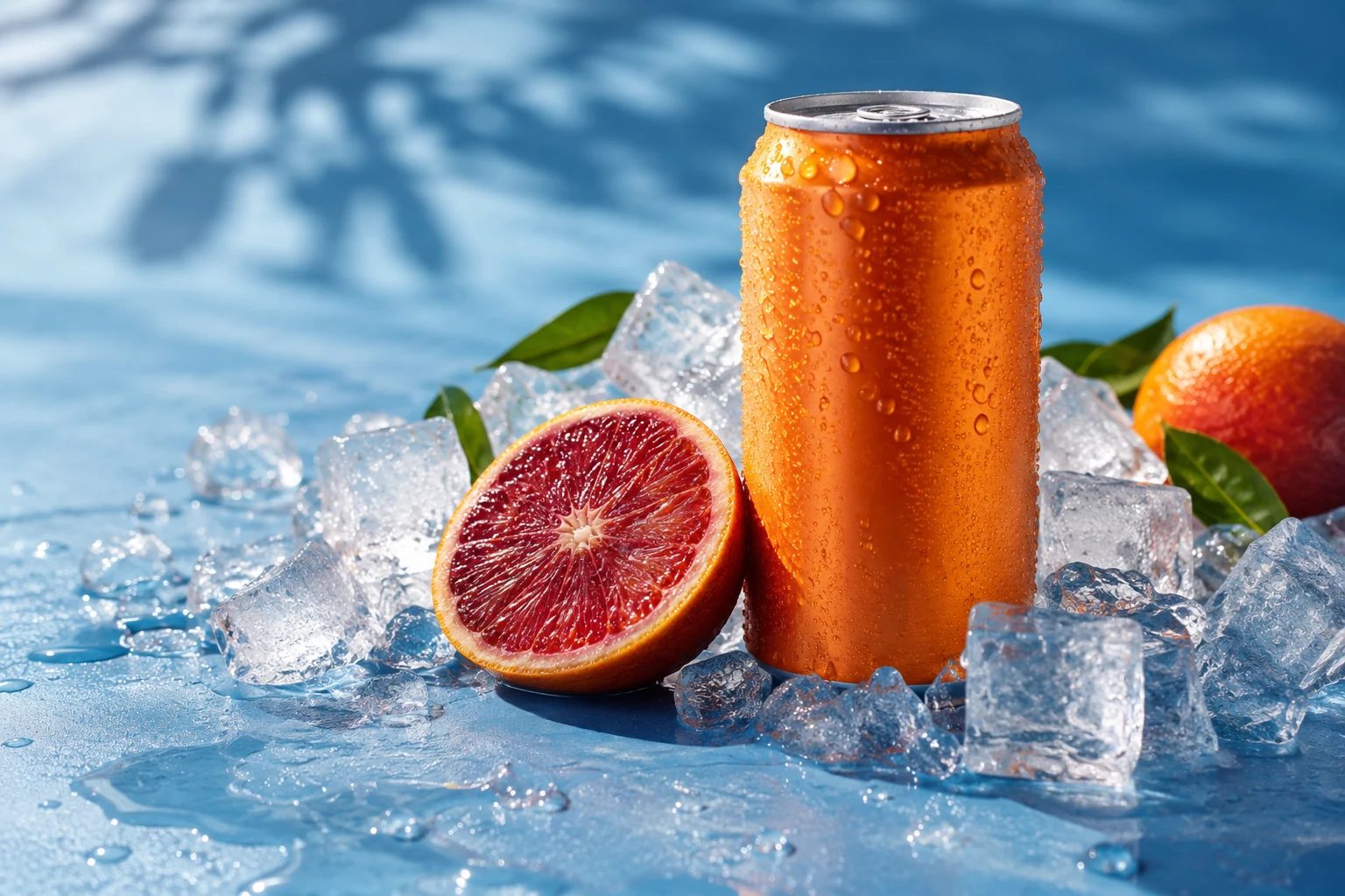 Orange drink can with citrus and ice — original AI concept