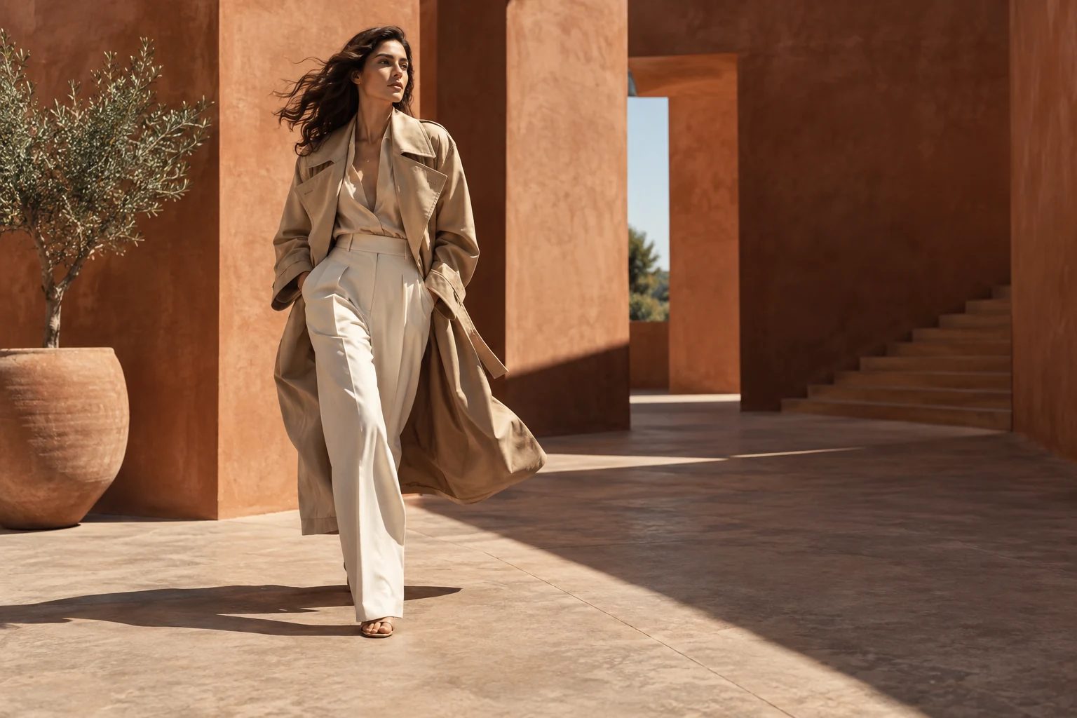 Virtual fashion model in a trench coat — original AI concept