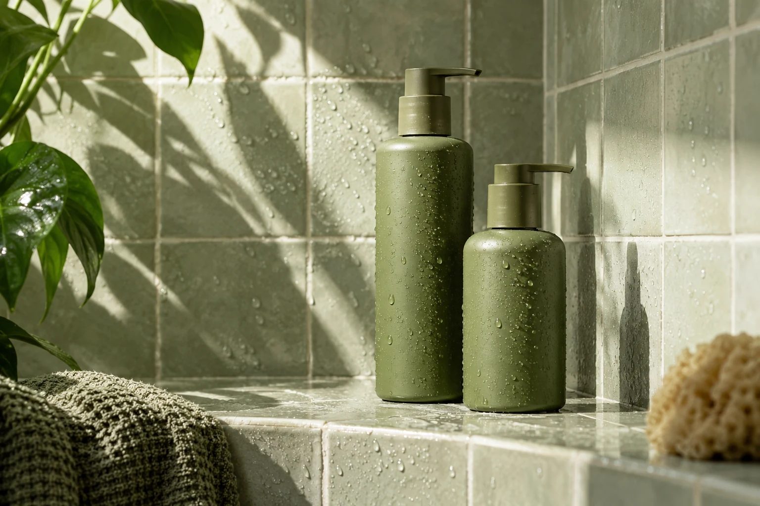 Olive haircare bottles in a green setting — original AI concept