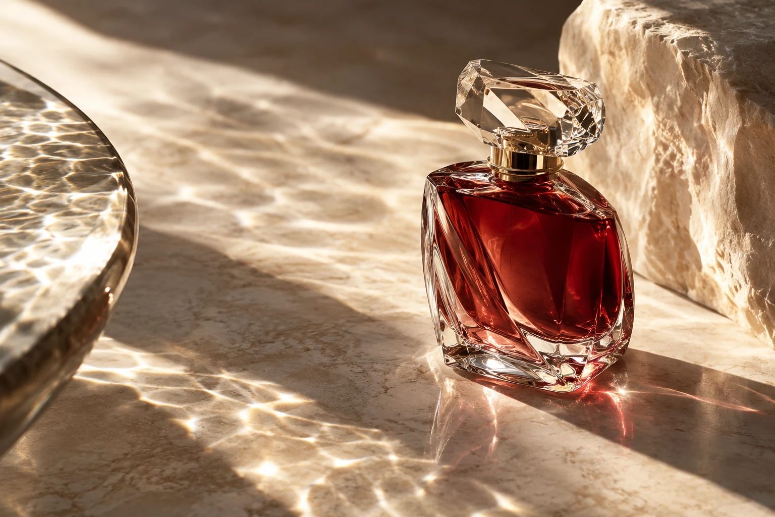 A fictional perfume bottle with ruby reflections — original AI concept