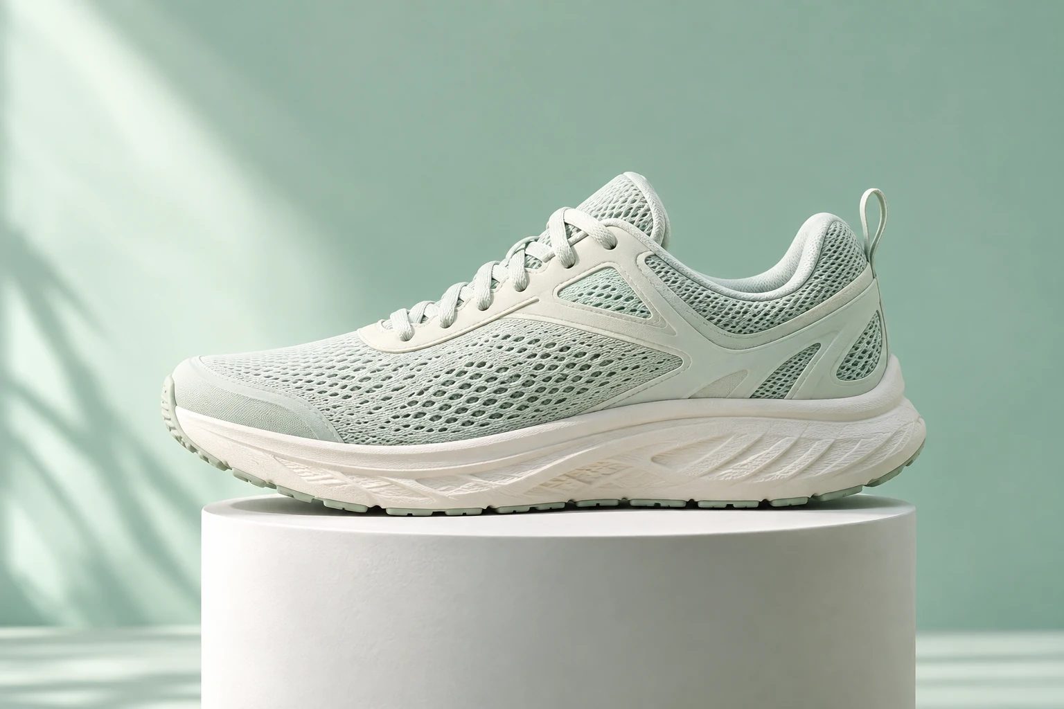 Mint sneaker on a white plinth — original AI concept