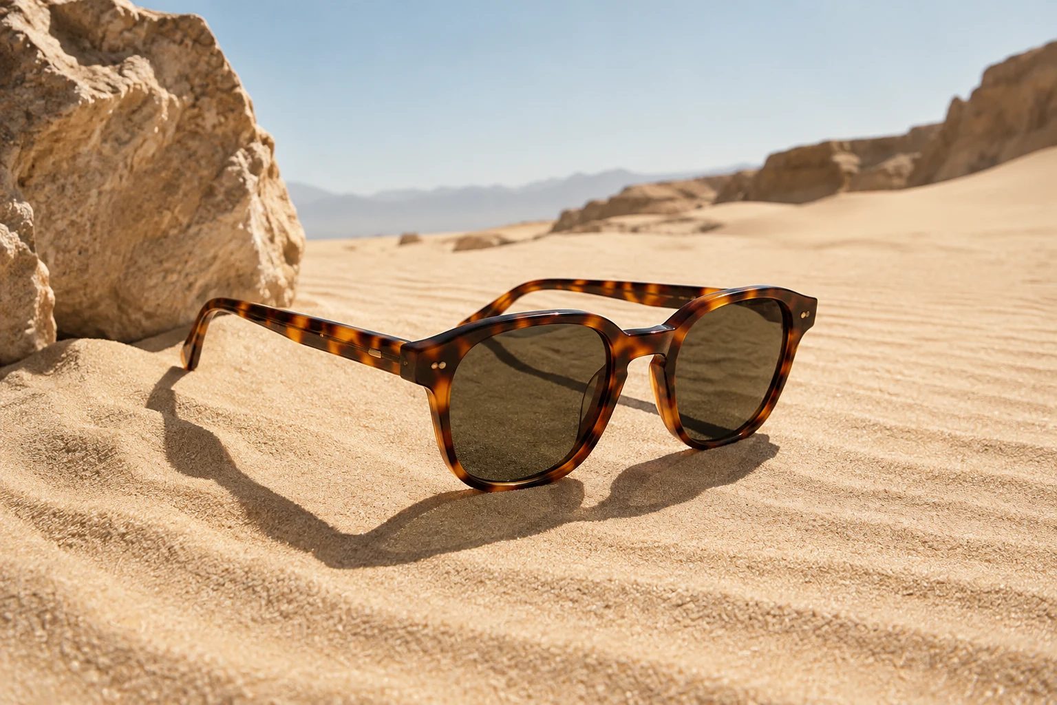 Sunglasses resting on sand — original AI concept