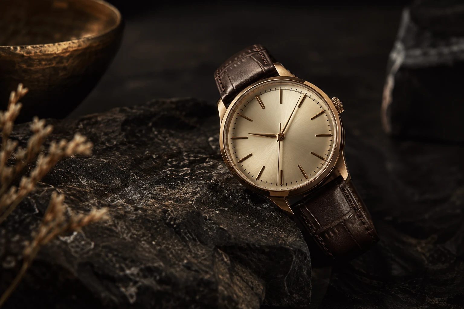 Champagne dial watch with a leather strap — original AI concept